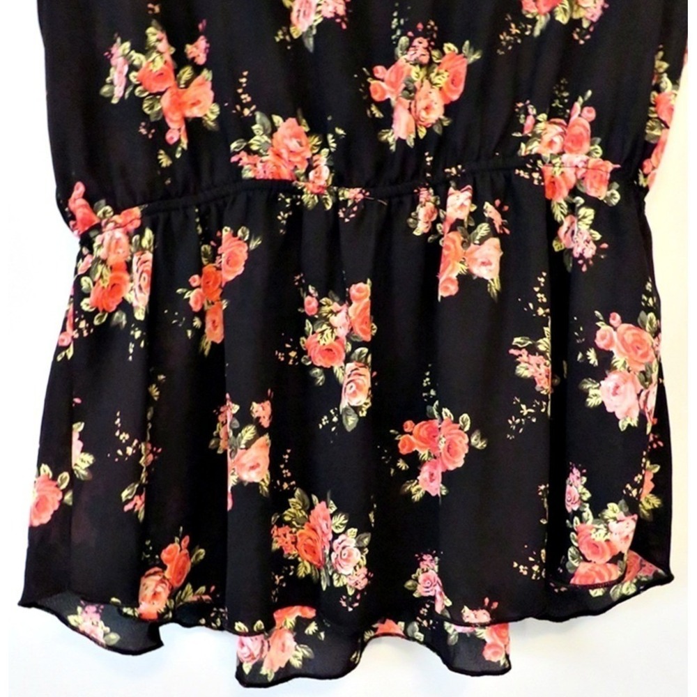 Libian Black Floral Peplum Blouse Crisscross Back Sleeveless Top Peplum Hem - Picture 5 of 8